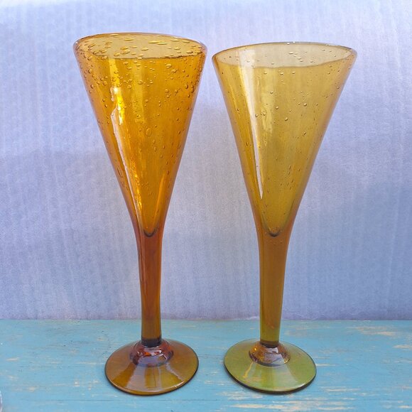 Vintage Golden Wine Goblets Bubble Glass Handmade Signed French Artist France - Picture 7 of 16